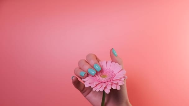 Simple Turquoise Gel Nail Design Closeup Female Hand Touching Pink — 비디오