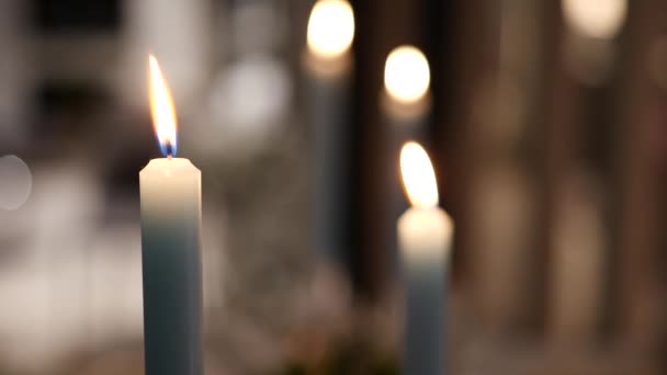 Close Burning Blue Tall Candles Christmas Table Winter Holidays Dinner — Stock videók