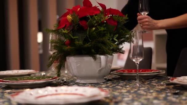 Christmas Table Setting Female Hand Puts Drinking Glass Served Table — Stockvideo