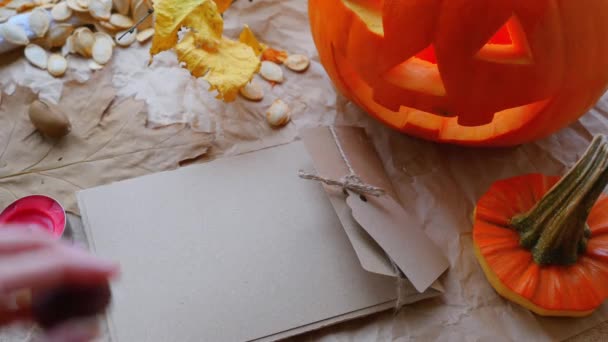 Autumn Decorations Woman Hand Put Some Objects Authentic Letter Carved — Video