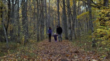 Mutlu bir aile. Anne ve baba iki yaşındaki kızlarının elini tutarak sonbahar ormanlarında yürüyorlar. Aile hafta sonu yürüyüşü