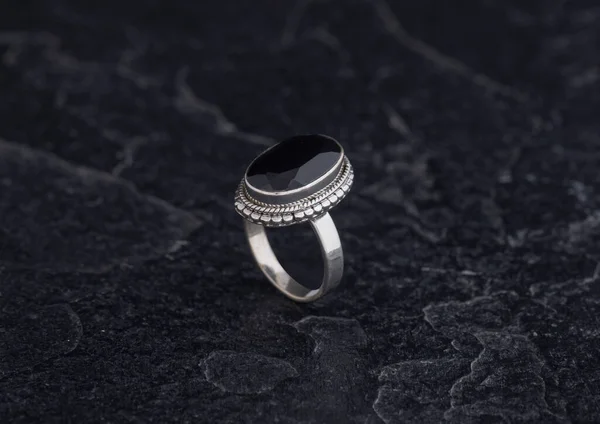 Sterling Silver Ring Black Stone Background — Stock Photo, Image