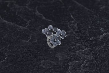 Siyah Taş Arkaplanda Saf Gümüş Halka