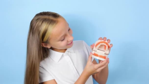 The girl shows the model of the teeth on a blue background close-up. Oral care — Stock Video