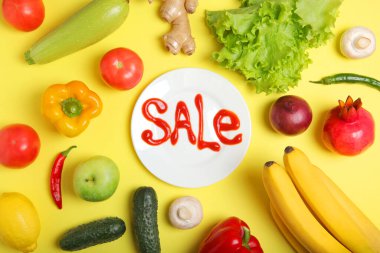 Ürünler ve renkli arka plan görünümlü metin için yer olan kelime satışı. Yüksek kalite fotoğraf