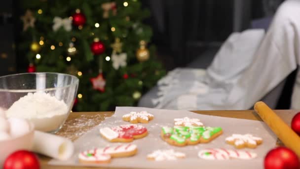 Adolescente menina assar biscoitos de gengibre de Natal em casa — Vídeo de Stock