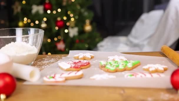 Adolescente menina assar biscoitos de gengibre de Natal em casa — Vídeo de Stock