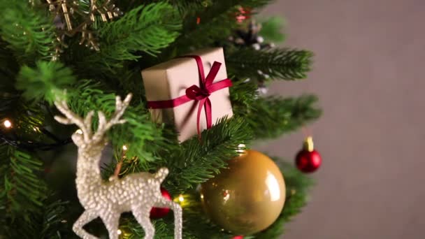 Het meisje neemt een cadeau van een versierde kerstboom. Kerst achtergrond — Stockvideo