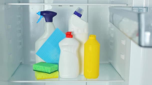 Conjunto de detergentes para lavar el primer plano del refrigerador — Vídeos de Stock