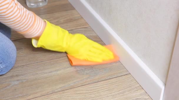 Kvinna hand tvätta golvet med en trasa närbild — Stockvideo