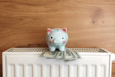 Domuz kumbarası ve radyatörde kapalı çekimde dolar banknotları. Isıtma kavramı.