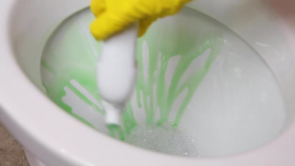 Vrouw wassen en ontsmetten toiletpot met wasmiddel close-up — Stockvideo