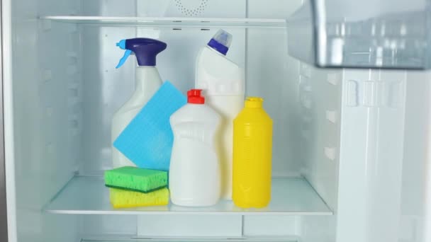 Conjunto de detergentes para lavar el primer plano del refrigerador — Vídeos de Stock