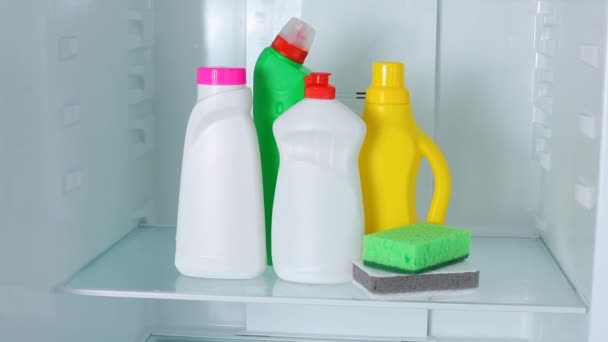 Conjunto de detergentes para lavar el primer plano del refrigerador — Vídeos de Stock