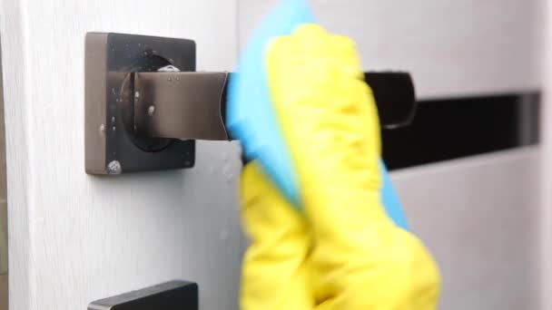 The woman washes and disinfects the doorknob. prevention of the spread viruses. — Stock Video