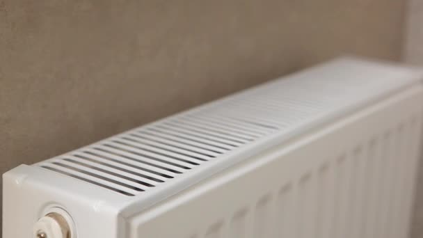 Pig piggy bank on a radiator indoors close-up. Heating concept. — Stockvideo