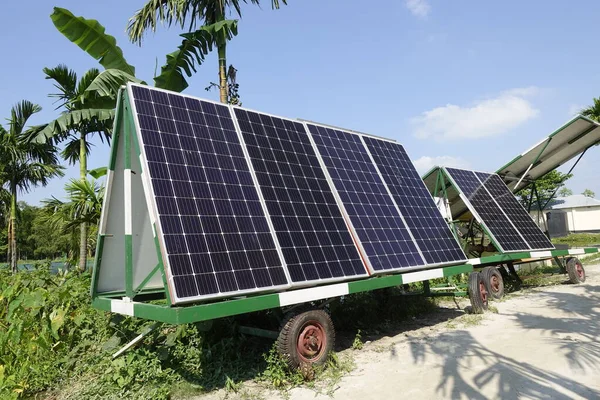 Portable Solar power panel station car for agricultural use. Solar power converting to electricity to help farmers in irrigation. Solar power generation system. Mini solar power station.