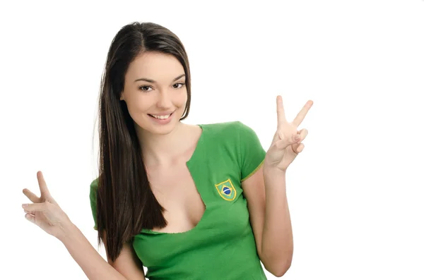 Girl signing victory for Brazil. — Stock Photo, Image