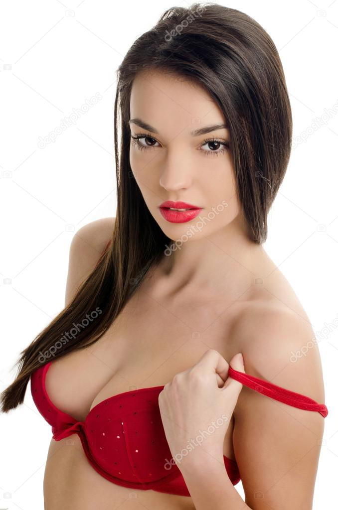 Sexy woman in red bra.