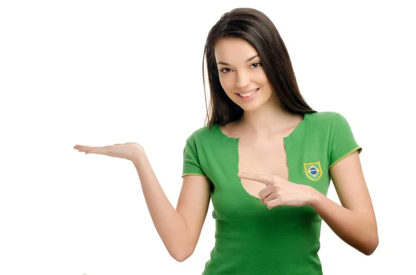Sexy girl pointing and showing. — Stock Photo, Image