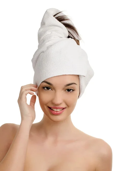 Woman with wrapped towel on the head. — Stock Photo, Image