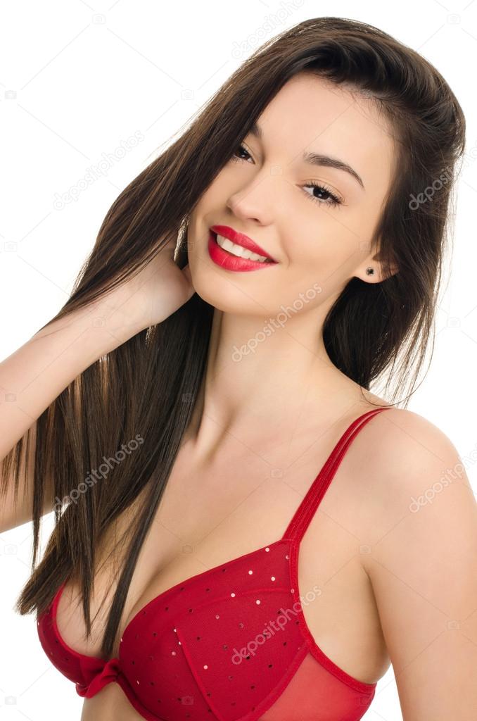 Mulher sexy em sutiã vermelho sorrindo . fotos, imagens de