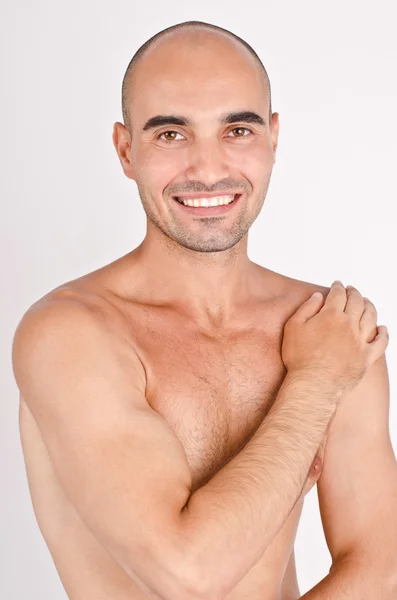 Topless fit Caucasian bald man laughing. — Stock Photo, Image