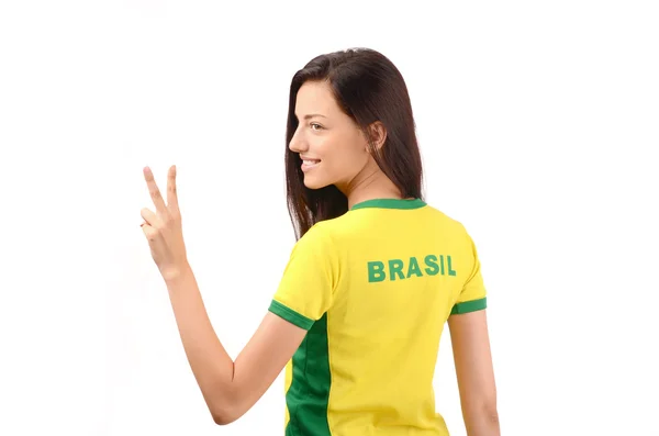 Girl signing victory for Brazil. — Stock Photo, Image