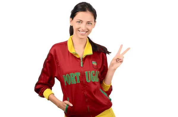 Girl signing victory for Portugal. — Stock Photo, Image