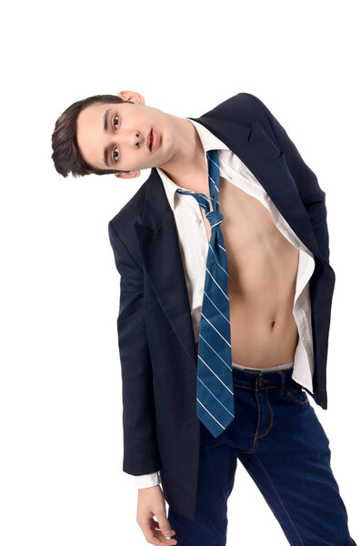 Young business man undressing his suit.