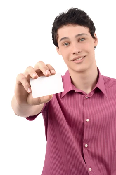 Man offering you a business card. Blur on the model, focus on the card. — Stock Photo, Image