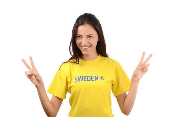 Meisje ondertekening overwinning voor Zweden. — Stockfoto