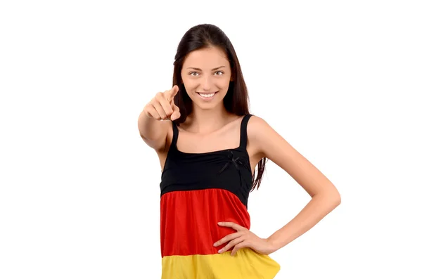 Piękna dziewczyna, wskazując w przód. Nauka języka niemieckiego. — Zdjęcie stockowe