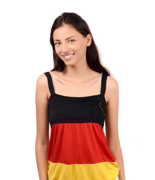 Menina atraente com blusa bandeira Alemanha . — Fotografia de Stock