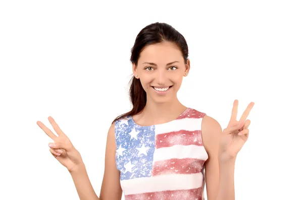 Linda menina americana assinatura vitória . — Fotografia de Stock