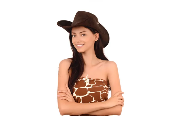Retrato de uma vaqueira americana sexy com um chapéu de cowboy . — Fotografia de Stock