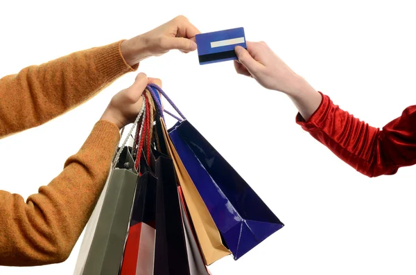 Homem às compras, mulher a pagar . — Fotografia de Stock