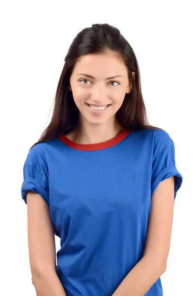 Retrato de uma linda garota em camiseta azul . — Fotografia de Stock