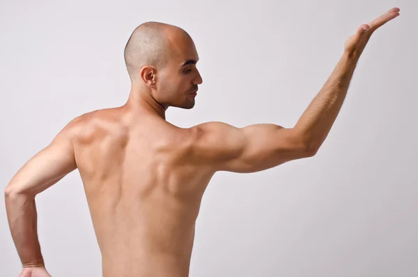 Topless man posing with his back. Fit dancer training. Stripper dancing. — Stock Photo, Image