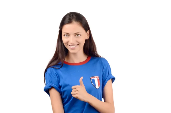 Mädchen unterschreibt Daumen hoch für Frankreich. — Stockfoto