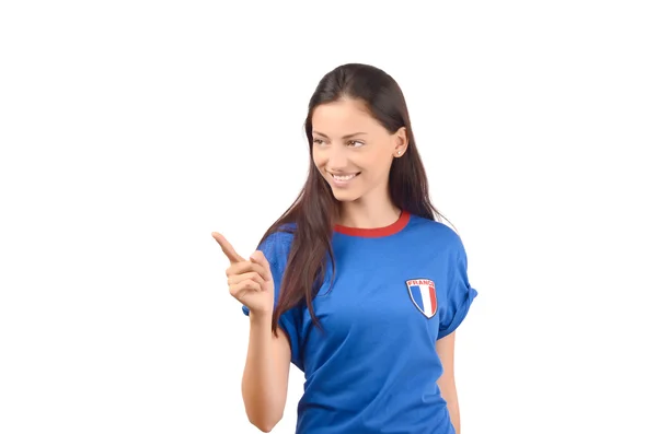 Beautiful French girl pointing to the side. — Stock Photo, Image