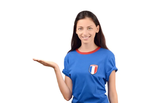 Beautiful French girl presenting. — Stock Photo, Image