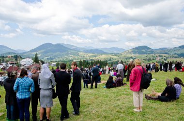 çok insan izlerken ve dinlerken yeşil çimenlerin üzerinde toplama.