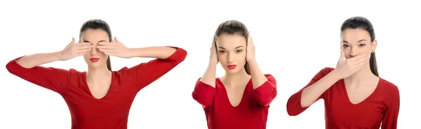 See no evil, hear no evil, talk no evil concept. Portrait of a young beautiful woman with her hands up covering her eyes, ears, mouth. — Stock Photo, Image