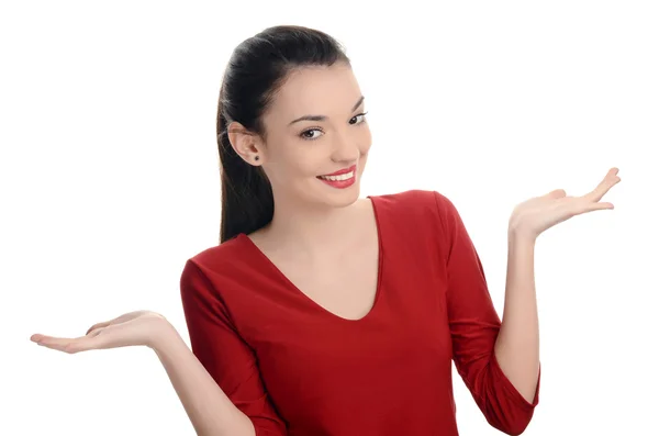 Portrait of a happy young beautiful woman with her hands up. — Stock Photo, Image
