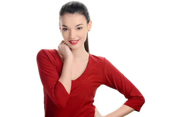 Bella giovane donna vestita di rosso con sexy labbra rosse sorridente essere felice . — Foto Stock