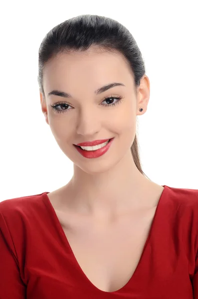 Güzel bir genç kadın kırmızı mutlu olmak gülümseyerek seksi kırmızı dudaklar ile giyinmiş.. — Stok fotoğraf
