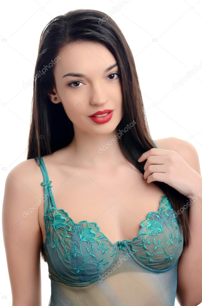 Sexy woman in green lace lingerie.Attractive girl with a sexy cleavage.