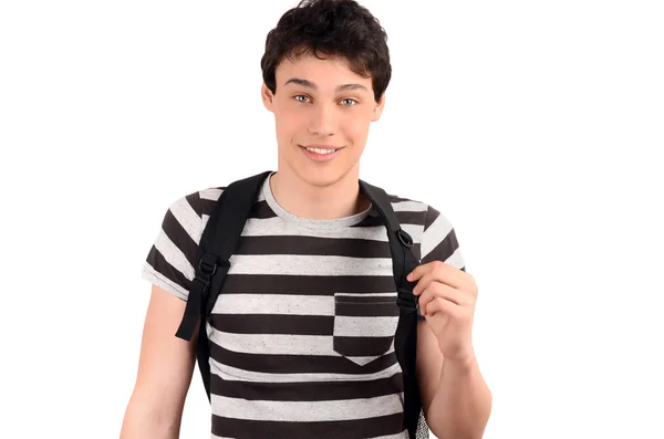 Feliz estudiante de vuelta a la escuela. Guapo estudiante con mochila sonriendo . —  Fotos de Stock