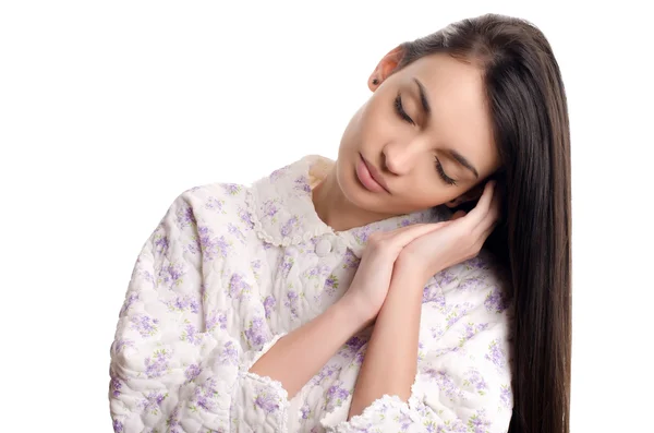 Woman sleeping. Beautiful girl in pajamas falling asleep. — Stock Photo, Image